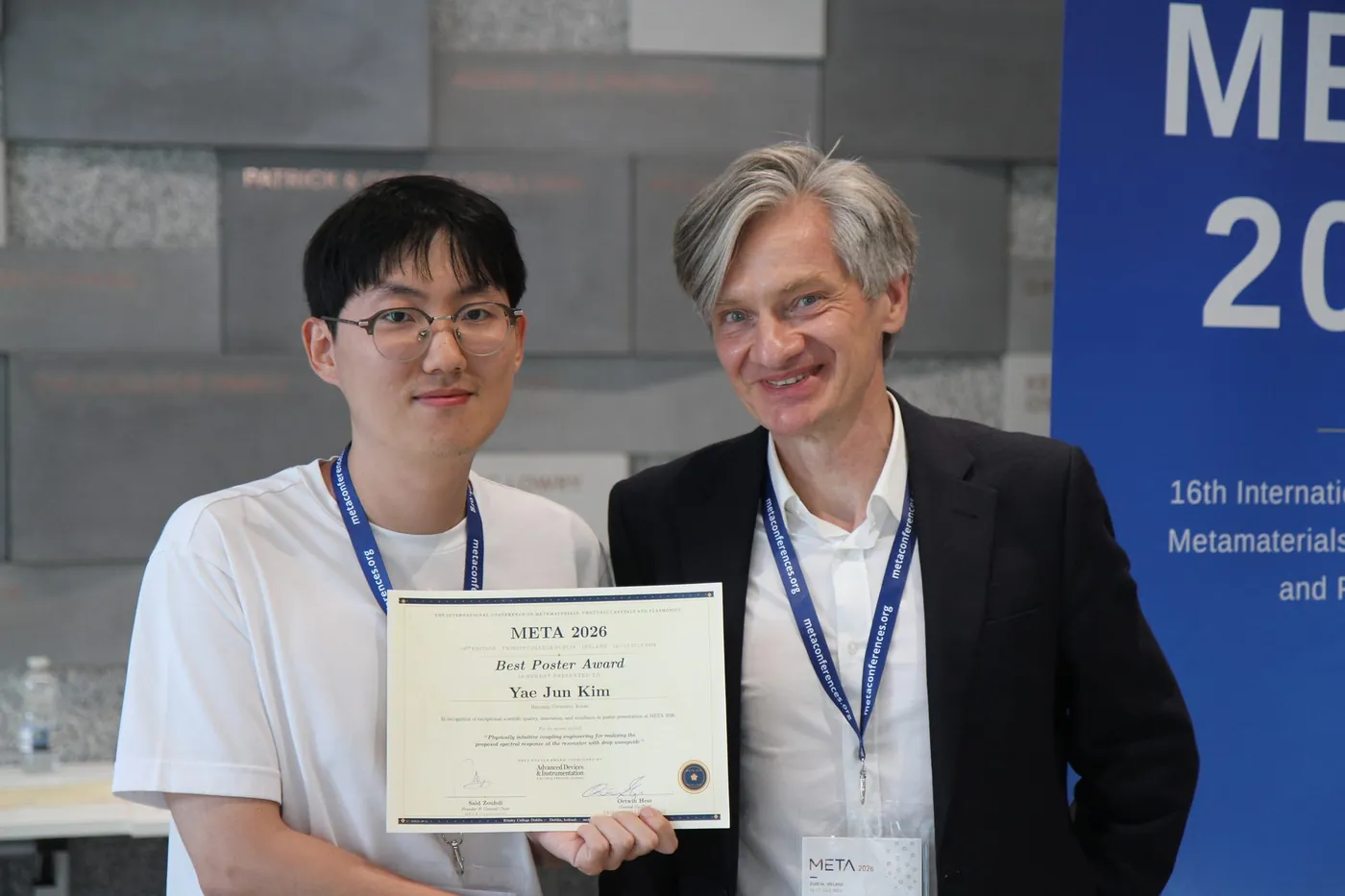 Yae Jun Kim receiving the Best Poster Award at META 2026, Trinity College Dublin