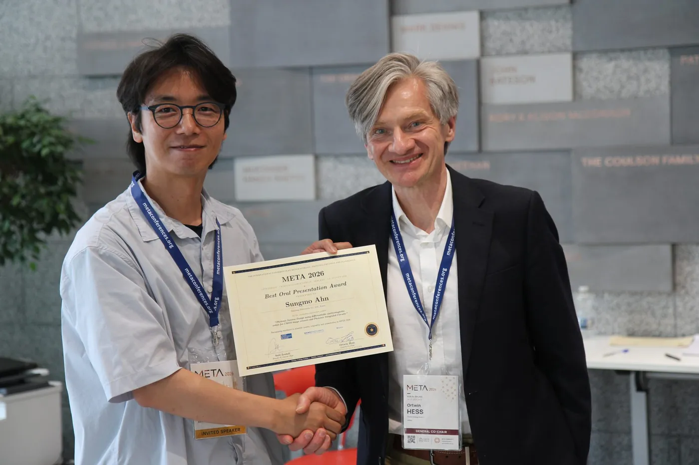 Sungmo Ahn receiving the Best Talk Award at META 2026, Trinity College Dublin