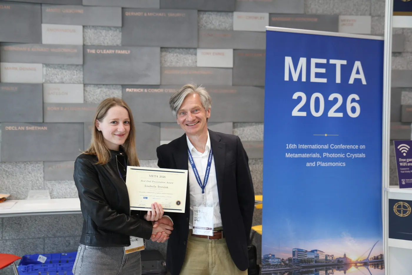 Liudmila Trotsiuk receiving the Best Talk Award at META 2026, Trinity College Dublin