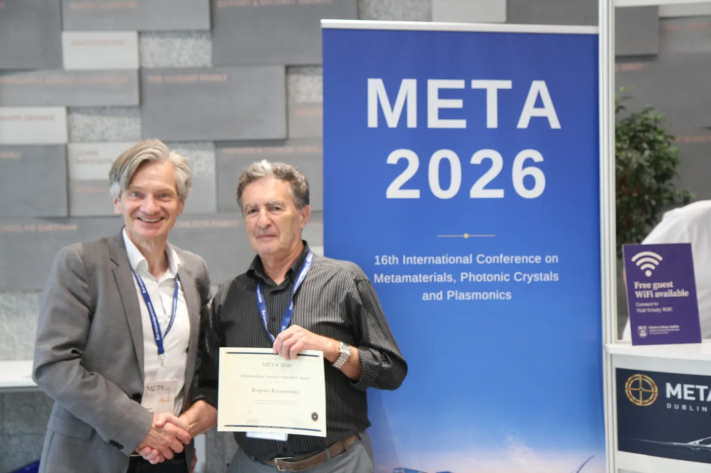 Eugene Kamenetskii receiving the Best Session Organizer Award at META 2026, Trinity College Dublin